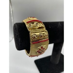Vintage Gold Tone Red Rhinestone Seed Bead Hinged Bangle Bracelet Etruscan Style
